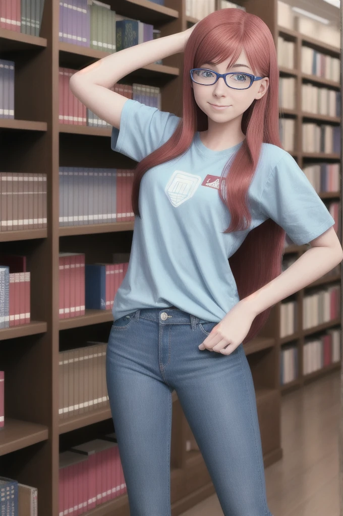 18 year old nerdy American girl, Alyson Hannigan, (long legs:0.6), (tall:0.6), thin, slim, glasses, very long wavy hair, extremely long wavy hair, library, bookshelves, plain t-shirt, long white t-shirt, denim jeans, clothed, (colossal breasts:0.6), (massive enormous gigantic breasts:0.6), 8k uhd, angled view, head in view, arms down