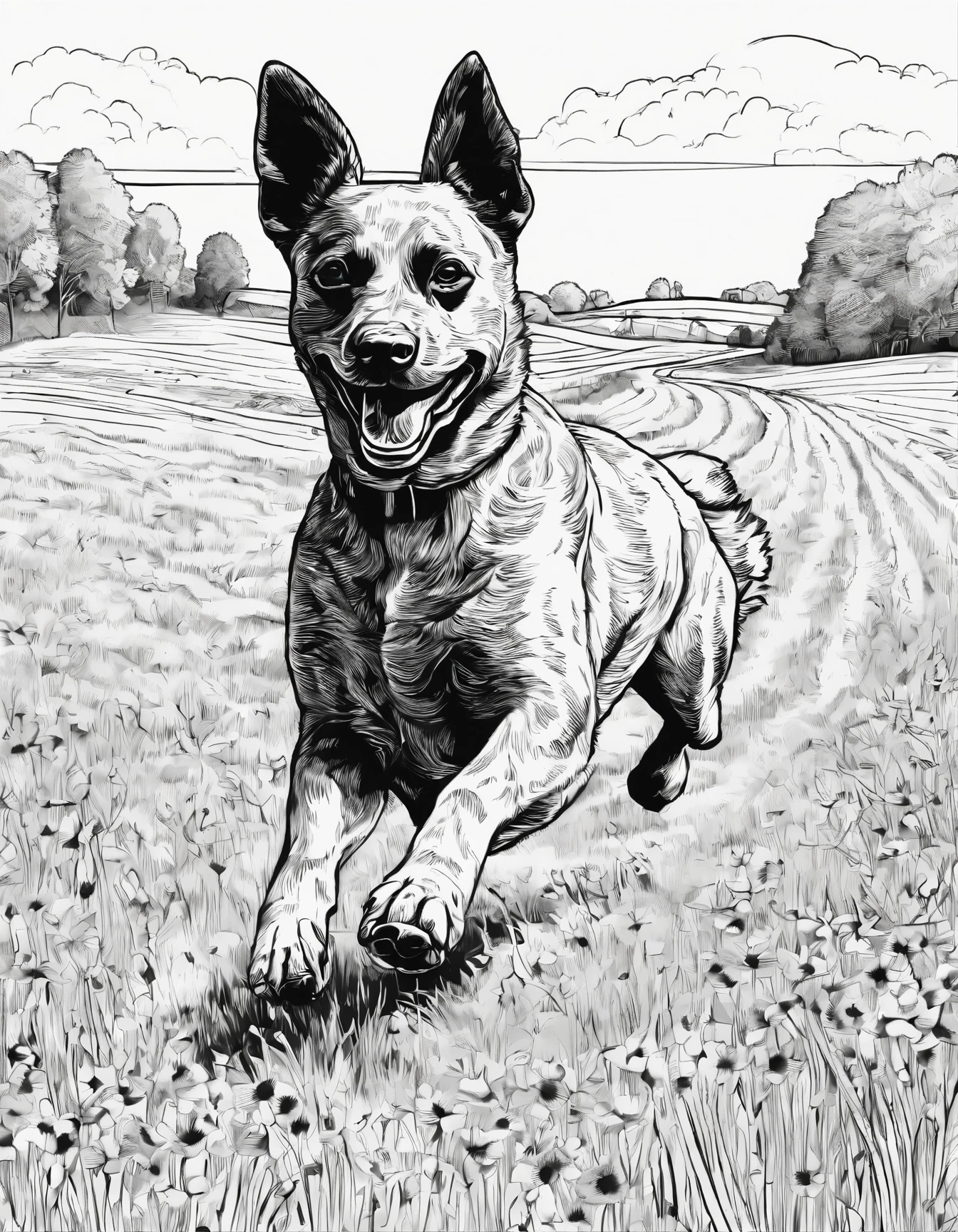 Blue heeler running in a field, high quality, high detail, for coloring page, no shading