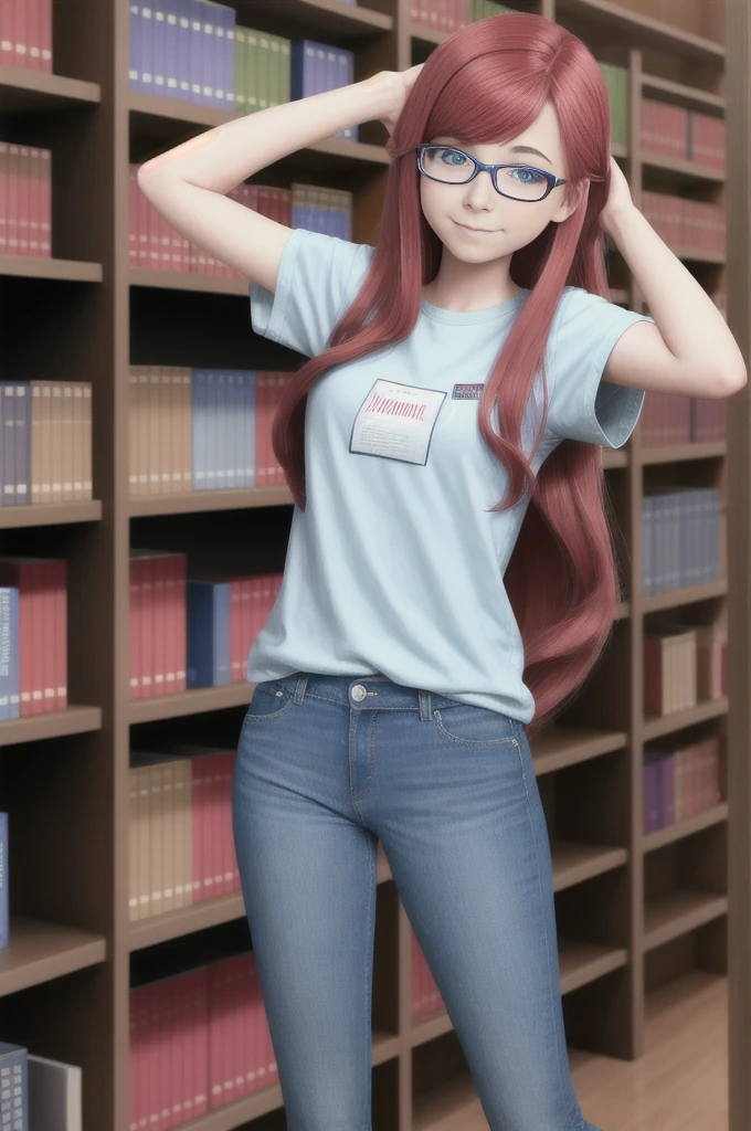 18 year old nerdy American girl, Alyson Hannigan, (long legs:0.3), (tall:0.3), thin, slim, glasses, very long wavy hair, extremely long wavy hair, library, bookshelves, plain t-shirt, long white t-shirt, denim jeans, clothed, (colossal breasts:0.3), (massive enormous gigantic breasts:0.3), 8k uhd, angled view, head in view, arms down