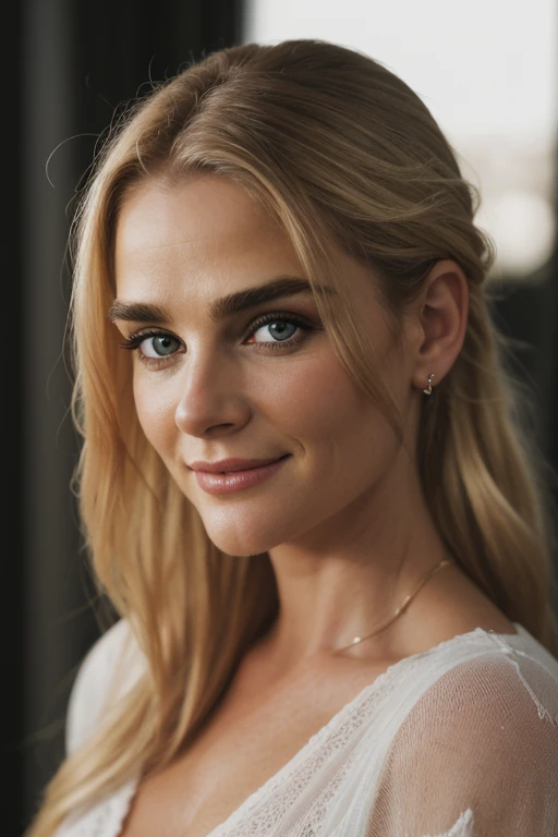 (RAW photo) night scene, close up photo of a sexy girl, posing, looking at viewer, smiling, blond hair in a ponytail, (green eyes:0.8), cute face, ((Brooke Shields)), 27 yo, soft volumetric lights, soft key and fill lighting, (backlit:1.3), (cinematic:1.3), intricate details, (ArtStation:1.2),detailed eyes, micro details, FUJI XT3, photorealistic, photorealism