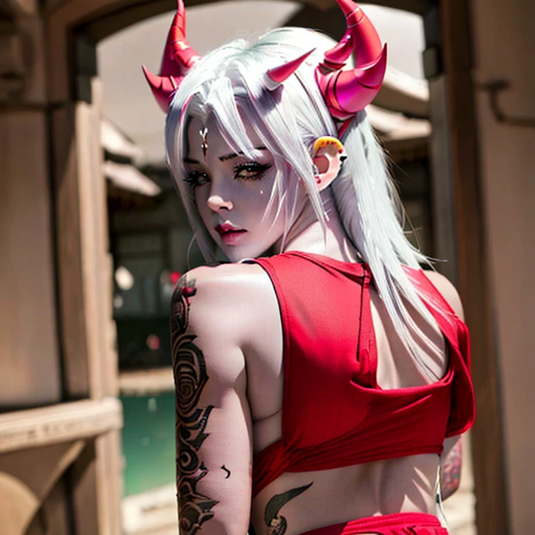 Anime girl, white hair, has demon horns , has elf ears, has tattoos, beautiful, small breast, big ass, wearing booty shorts(show booty shorts riding up the ass), wearing a crop top with no sleeves, full body,