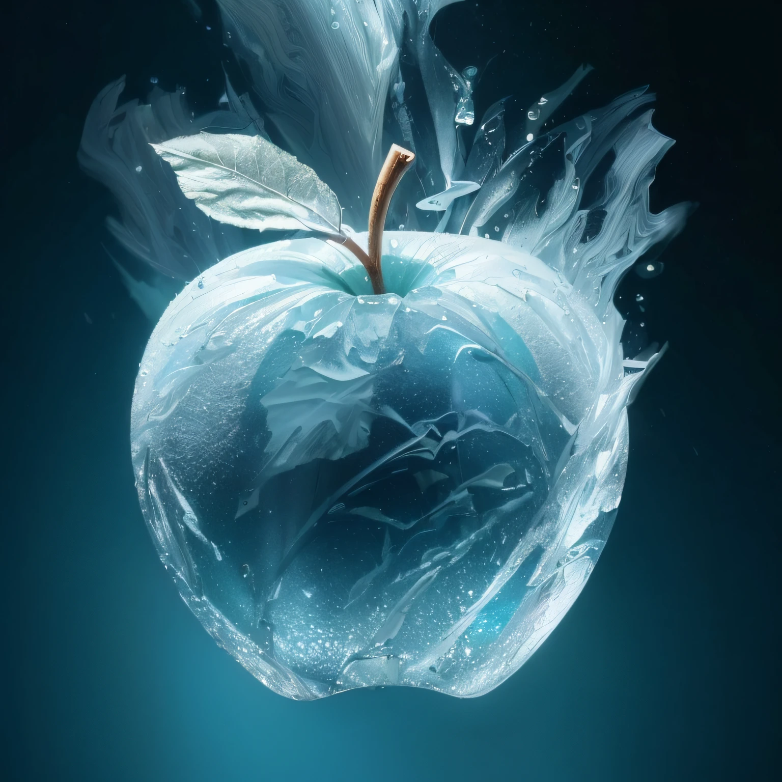(masterpice:1.3), (best quality:1.4), detailed, a picture of a frozen apple, apple design, dry ice, uneven glass apple in the dark, water art manipulation, amazing wallpaper, 4k, hd, high quality, photoshop art, realistic illustration