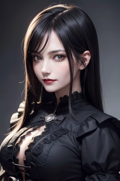 absurderes, masutepiece, Best Quality, nffsw, 1girl in, Mature Woman, (Sharp Focus), Villain's smile, medium breasts, (Hair on long black background), (grey eyes), (Detailed eyes), Gothic lace costumes, Black and Red theme, Realism, Black_castle, Ultra-detailed, Vivid, Intricate details, Photorealistic