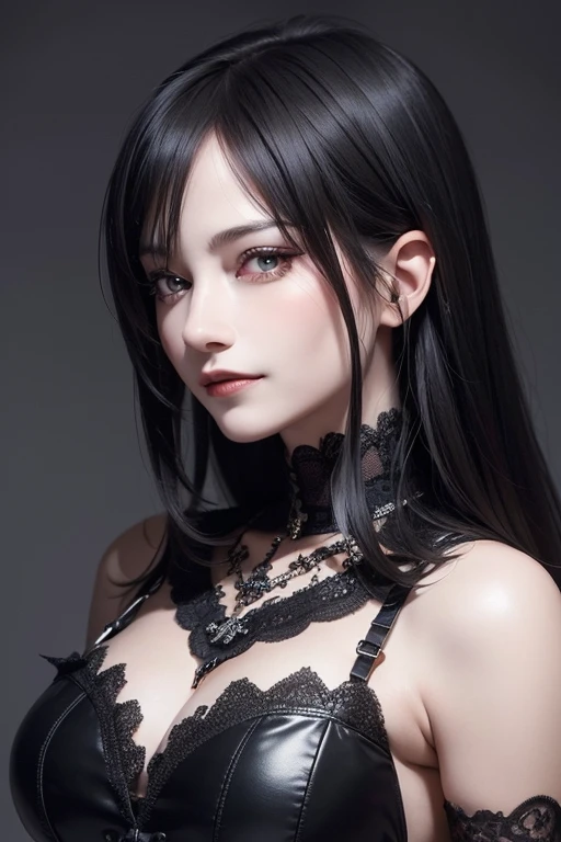 absurderes, masutepiece, Best Quality, nffsw, 1girl in, Mature Woman, (Sharp Focus), Villain's smile, medium breasts, (Hair on long black background), (grey  eyes), (Detailed eyes), Gothic lace costumes, Black and Red theme, Realism, Black_castle, Ultra-detailed, Vivid, Intricate details, Photorealistic