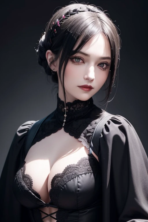 absurderes, masutepiece, Best Quality, nffsw, 1girl in, Mature Woman, (Sharp Focus), Villain's smile, medium breasts, (Hair on long black background), (grey eyes), (Detailed eyes), Gothic lace costumes, Black and Red theme, Realism, Black_castle, Ultra-detailed, Vivid, Intricate details, Photorealistic