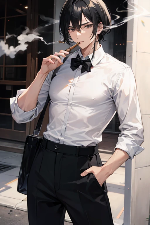 A black haired man smoking a cigar