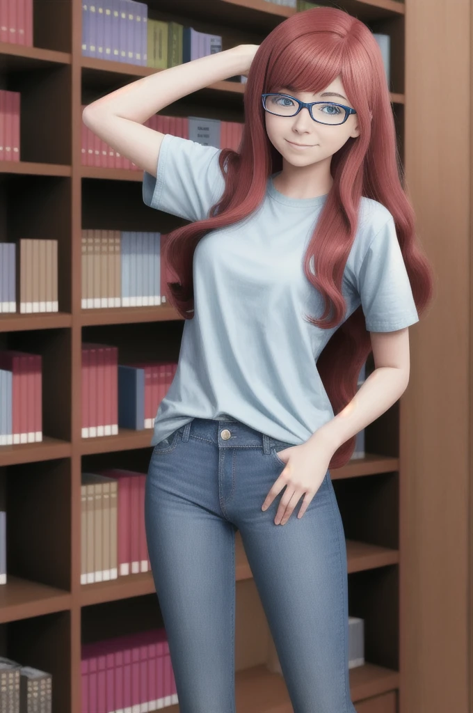 18 year old nerdy American girl, Alyson Hannigan, (long legs:0.05), (tall:0.05), thin, slim, glasses, very long wavy hair, extremely long wavy hair, library, bookshelves, plain t-shirt, long white t-shirt, denim jeans, clothed, (colossal breasts:0.05), (massive enormous gigantic breasts:0.05), 8k uhd, angled view, head in view, arms down