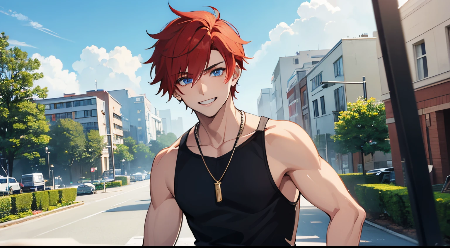 Paint a picture of a 20-year-old with fiery red hair, standing tall and exuding strength. He sports a sleeveless tank top, the casual look completed by a black string necklace. His face lights up with a genuine smile, and his striking blue eyes add an extra layer of charm to his overall appearance