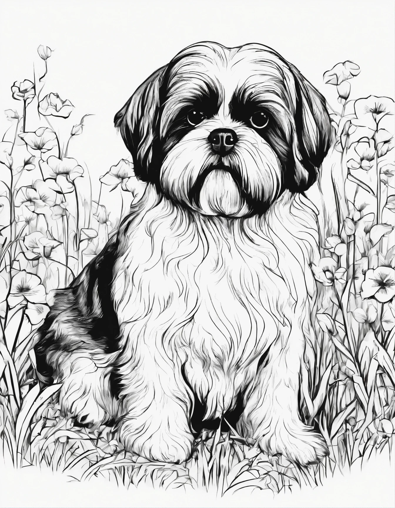 Shih Tzu laying down in grass, for coloring page, high quality, black and white, no shading