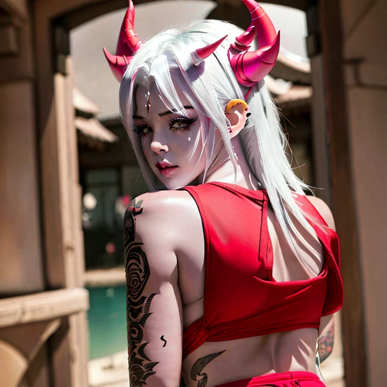 Anime girl, white hair, has demon horns , has elf ears, has tattoos, beautiful, small breast, big ass, wearing booty shorts(show booty shorts riding up the ass), wearing a crop top with no sleeves, show full body,