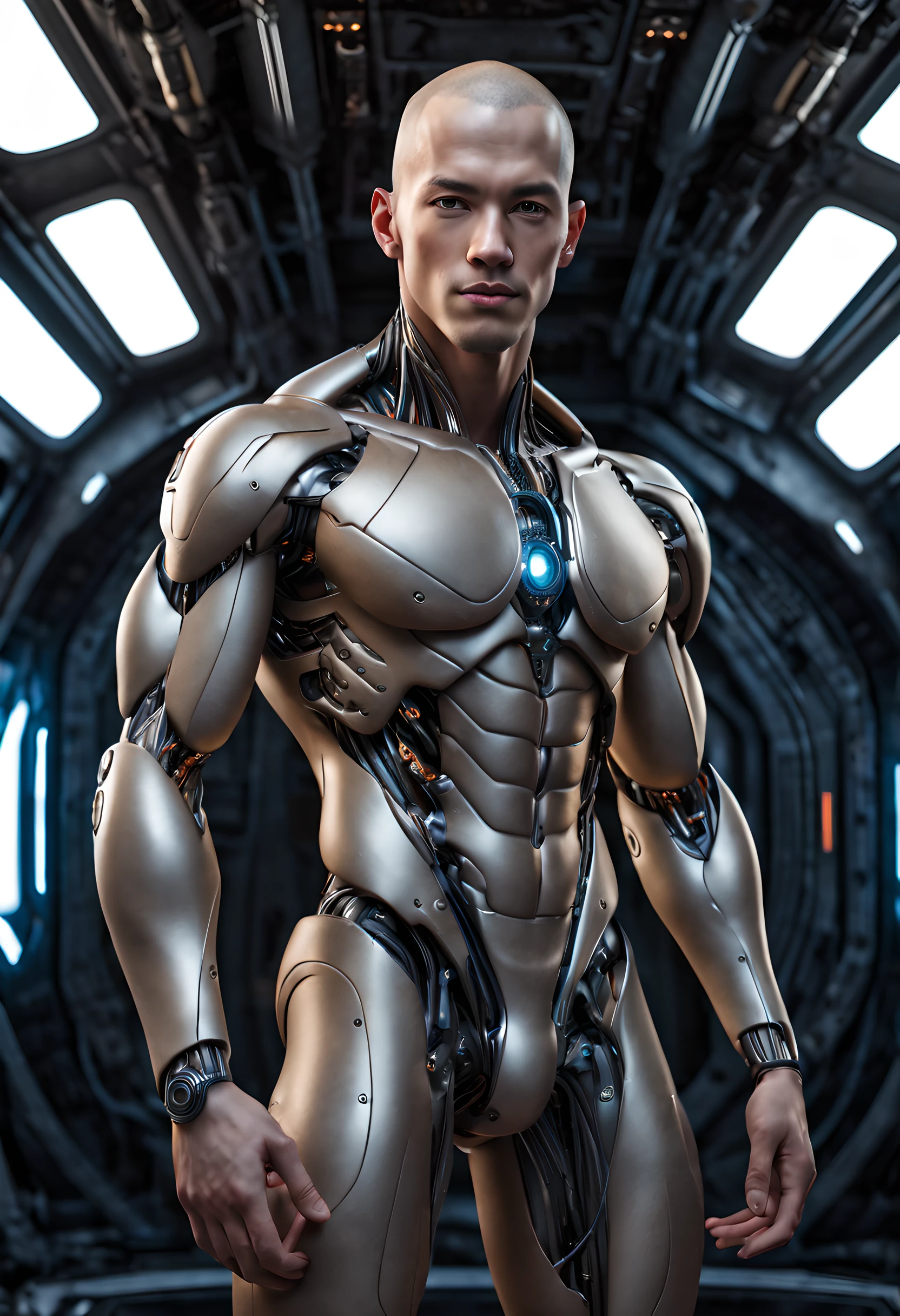 RAW photo, (full body shot), ((cybernetic)) artificial organism similar to a young ((18yo man)), kneeling, bald heads, muscular slender relief body, bulged six pack abs, beautiful young face, plump lips, in full growth standing tall on a spaceship, ((masterpiece)), ((bestquality)), 8k,high detailed, ultra-detailed, Neutral Expression, Stylish Pose, real skin texture, cinematic lighting, (full body shot) , (natural pose:1.2) , (detailed beautiful skin:1.2) , (beautiful detailed face:1.2) , textured skin, (detailed face and eyes:1.3)