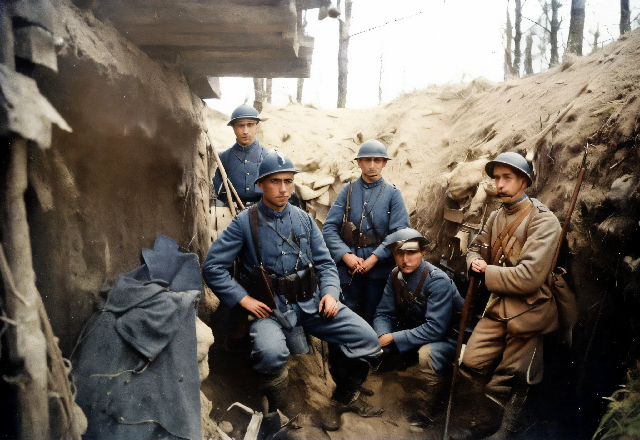 soldiers are posing for a group photo in a trench, in trenches, colourised, ww1 photo, taken on a ww 1 camera, colourized, ww1 trench, ww1 film photo, wearing russian ww 1 clothes, ww 1, ww1, wwi, trenches, colorized 1 9 0 4 photo, colorized, colorized photograph, russian ww 1