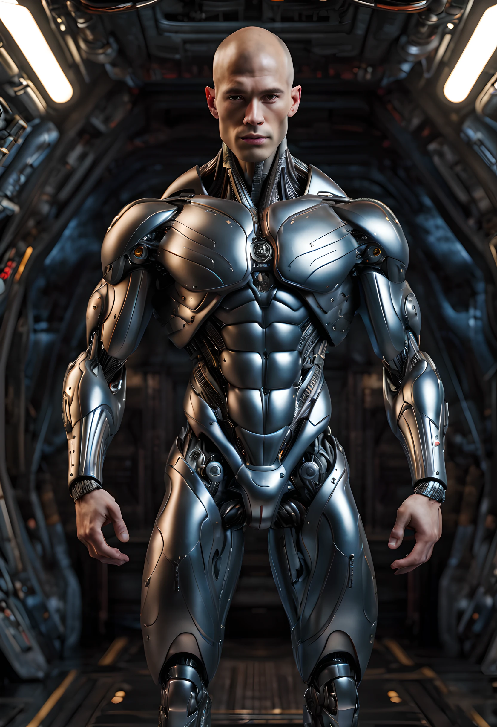 RAW photo, (full body shot), ((cybernetic)) artificial organism similar to a young ((18yo man)), kneeling, bald heads, muscular slender relief body, bulged six pack abs, beautiful young face, plump lips, in full growth standing tall on a spaceship, ((masterpiece)), ((bestquality)), 8k,high detailed, ultra-detailed, Neutral Expression, Stylish Pose, real skin texture, cinematic lighting, (full body shot) , (natural pose:1.2) , (detailed beautiful skin:1.2) , (beautiful detailed face:1.2) , textured skin, (detailed face and eyes:1.3)