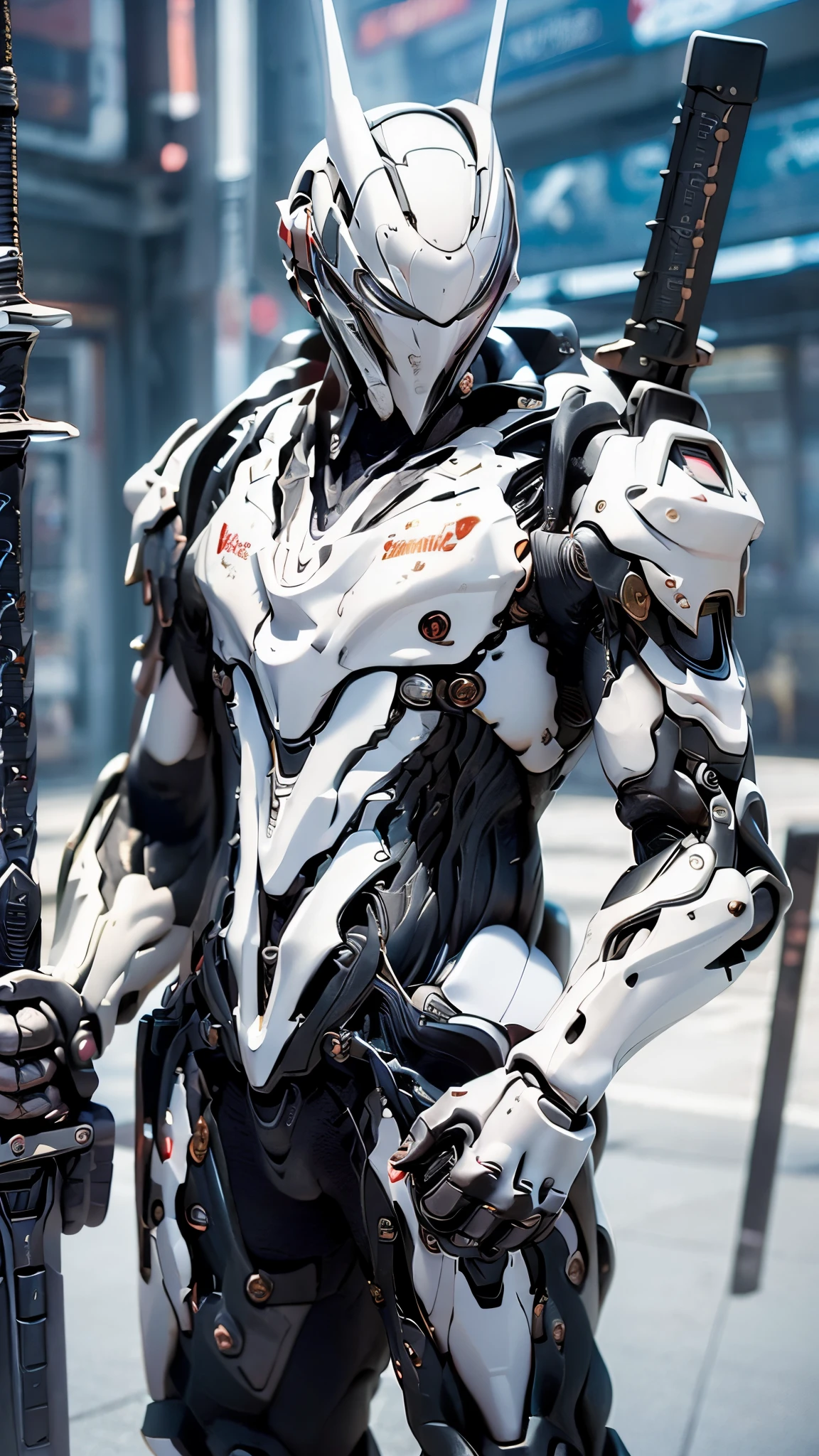 (((Full Body Shot)))、(((Full Body Shot)))、(The main subject: Wide-angle lens)、​(Top-quality)  、​(masterpiece)、A high resolution、(Photorealsitic:1.4)、RAW photo、Battle Cyborg Angel、Medium Breasts 、((Large wings made of metal in back))、White porcelain body、Acrylic Clear Cover、white  long hair、glowy skin、1 Cyborg Beautiful Girl、((super realistic details))、portlate、globalillumination、Shadow、octan render、8K、ultrasharp、character edge light、Medium tits、Raw skin is exposed in cleavage、Details of complex ornaments、Gundam details、Hydraulic cylinder、(Big LED lamp)、highly intricate detail、Realistic light、(see her beautiful face、Korean+Chinese Beautiful Girl 17 years old)、  light blue eyes、radiant eyes、Facing the camera、red neon details、hold 2swords in both hands、 full body shot、Futuristic Headgear 、About Cyberpunk