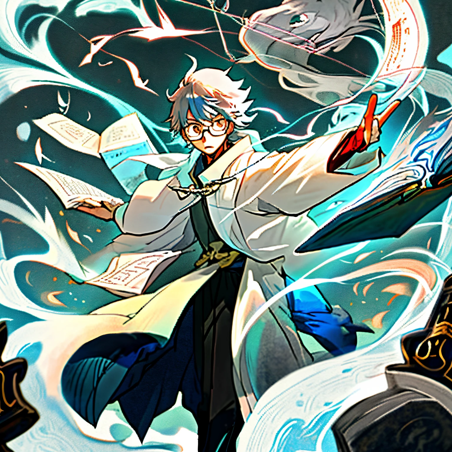 Gray-haired Japanese anime youth, glasses, White coat, handsome, cute, holding book, holding tome, holding spell book