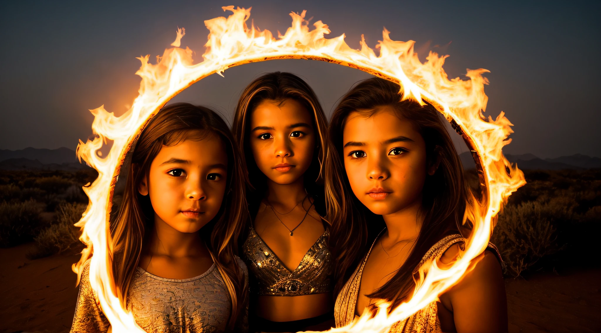 halo de fogo luminoso, there are two CHILDREN GIRLS WITH BLONDE HAIR in front of a ring of fire, cruz