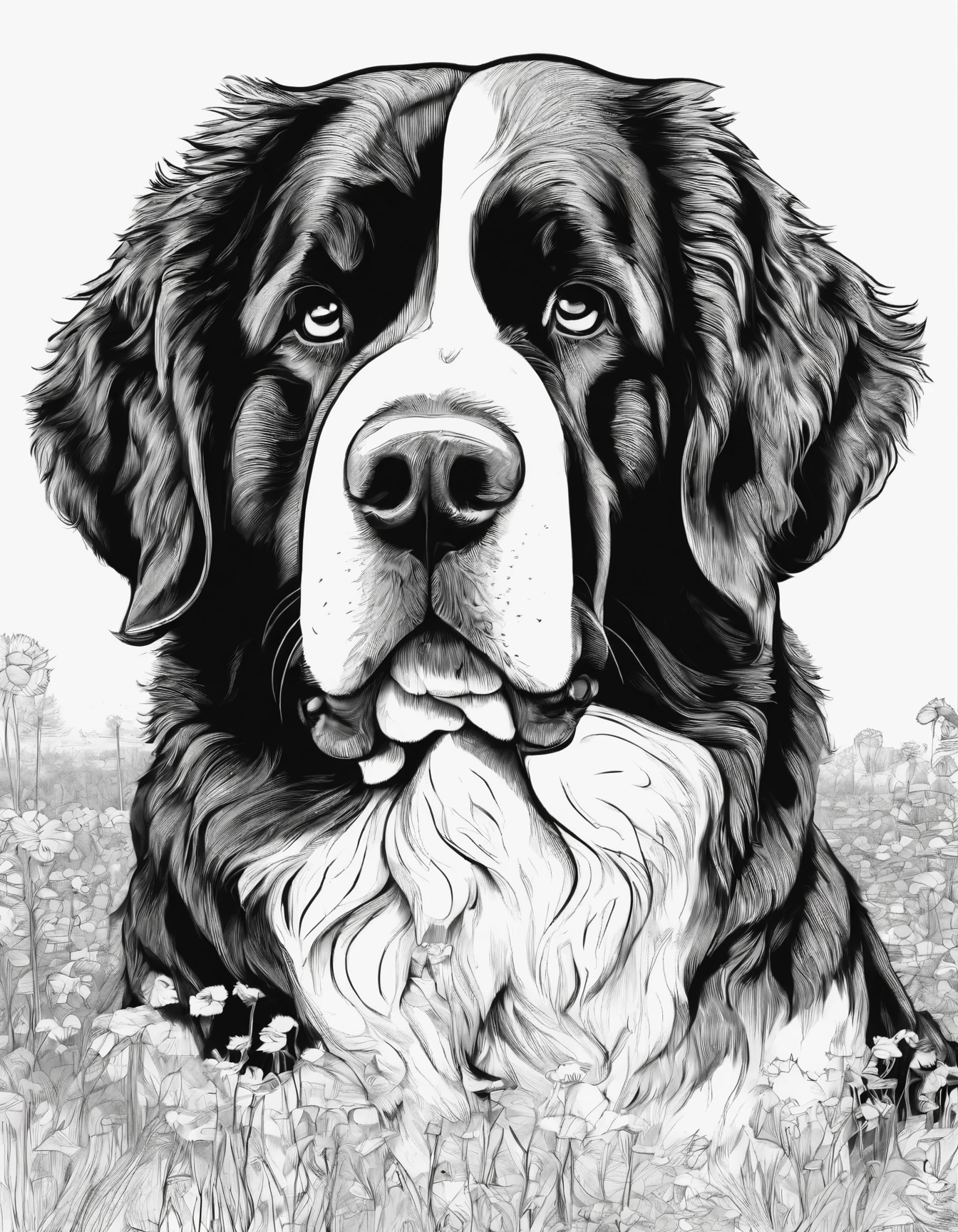 Bernese Mountain Dog by a barn in a field , for coloring page, high quality, black and white, no shading