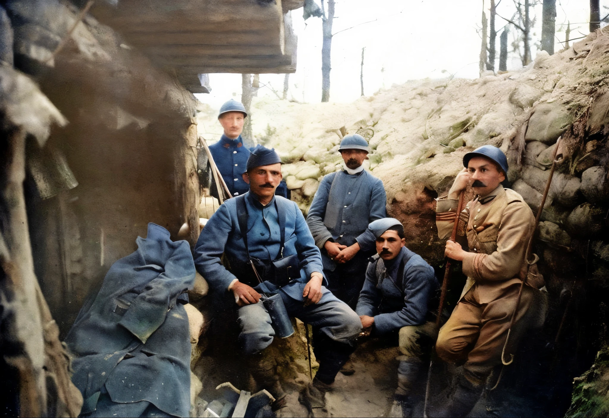 soldiers are posing for a group photo in a trench, in trenches, colourised, ww1 photo, taken on a ww 1 camera, colourized, ww1 trench, ww1 film photo, wearing russian ww 1 clothes, ww 1, ww1, wwi, trenches, colorized 1 9 0 4 photo, colorized, colorized photograph, russian ww 1