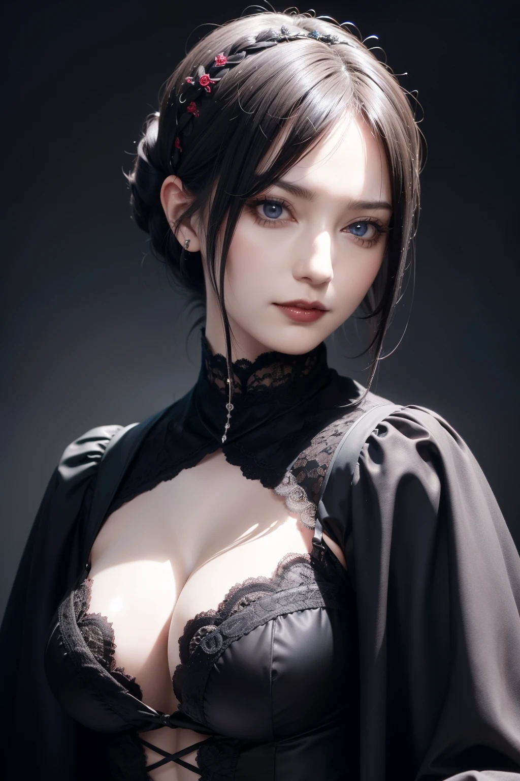 absurderes, masutepiece, Best Quality, nffsw, 1girl in, Mature Woman, (Sharp Focus), Villain's smile, medium breasts, (Hair on long black background), (grey  eyes), (Detailed eyes), Gothic lace costumes, Black and Red theme, Realism, Black_castle, Ultra-detailed, Vivid, Intricate details, Photorealistic