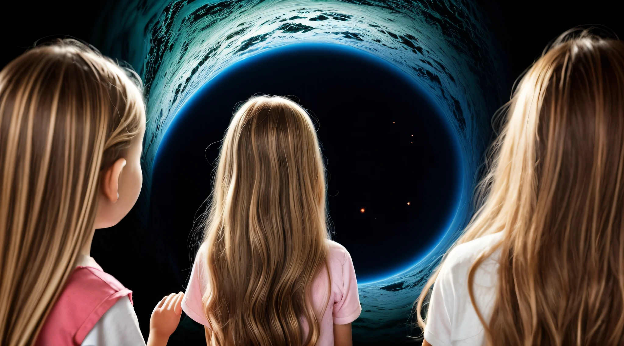 BLACK HOLE, there are two CHILDREN girls BLONDE HAIR in front