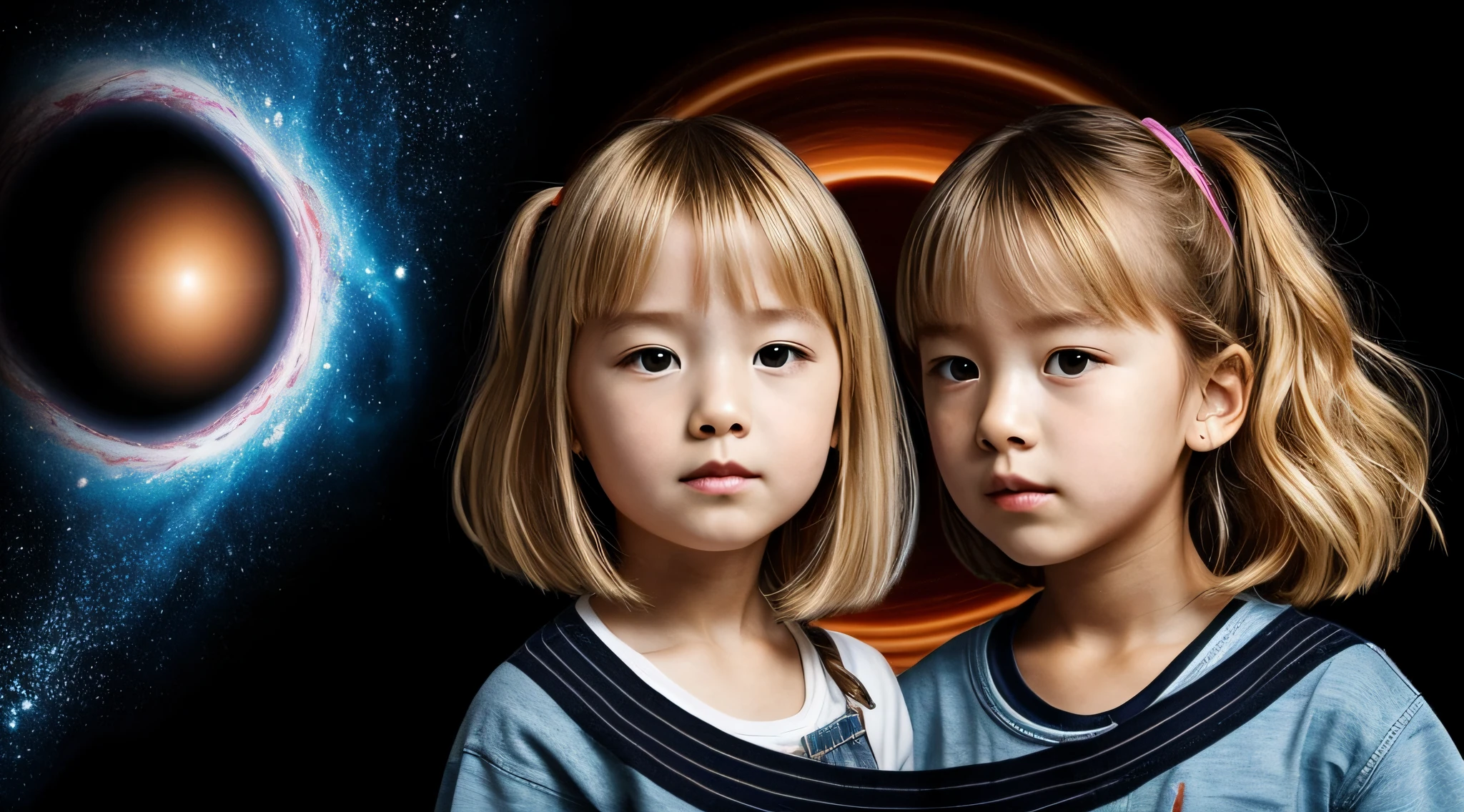 BLACK HOLE, there are two CHILDREN girls BLONDE HAIR in front