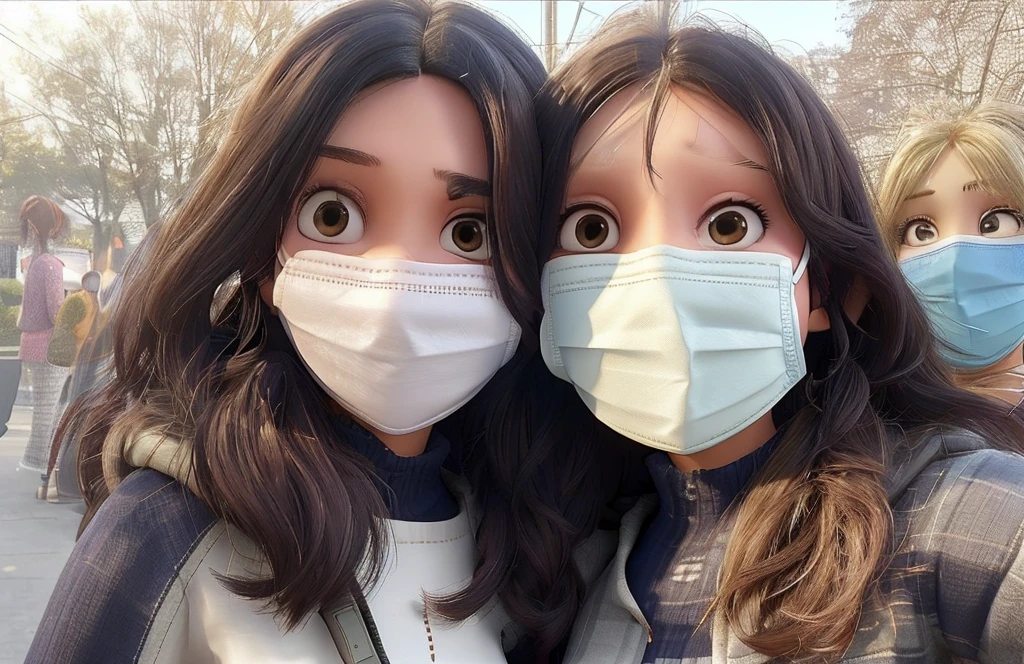 two women wearing face masks pose for a picture, people are wearing masks, wearing a mask, wearing facemask, some of them use gask mask, wearing mask, in the background, medical mask, two girls, beautiful girls, in background, gen z, no face mask, mask, masks, surgical mask covering mouth, masked doctors, sisters