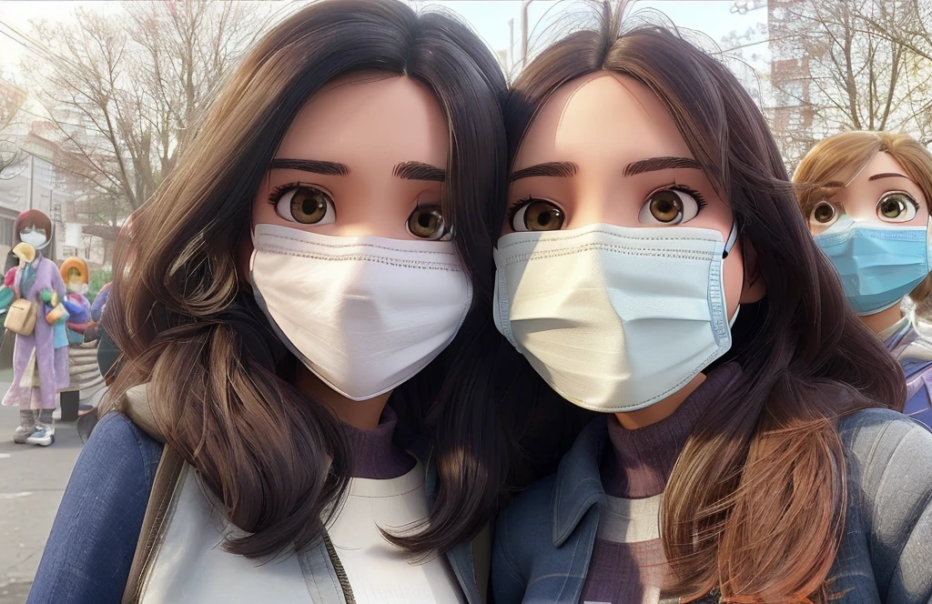 two women wearing face masks pose for a picture, people are wearing masks, wearing a mask, wearing facemask, some of them use gask mask, wearing mask, in the background, medical mask, two girls, beautiful girls, in background, gen z, no face mask, mask, masks, surgical mask covering mouth, masked doctors, sisters