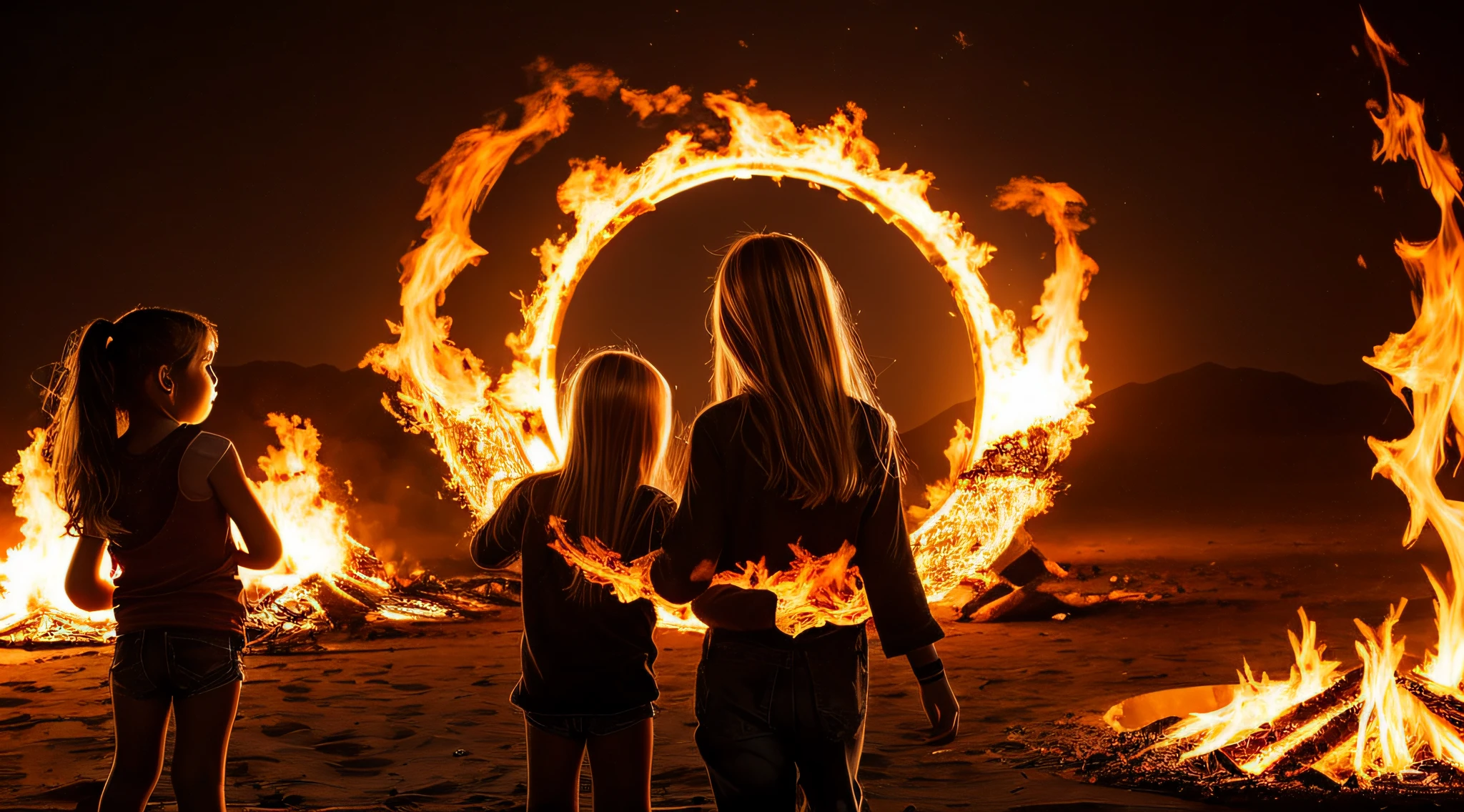 halo de fogo luminoso, there are two CHILDREN GIRLS WITH BLONDE HAIR in front of a ring of fire,
