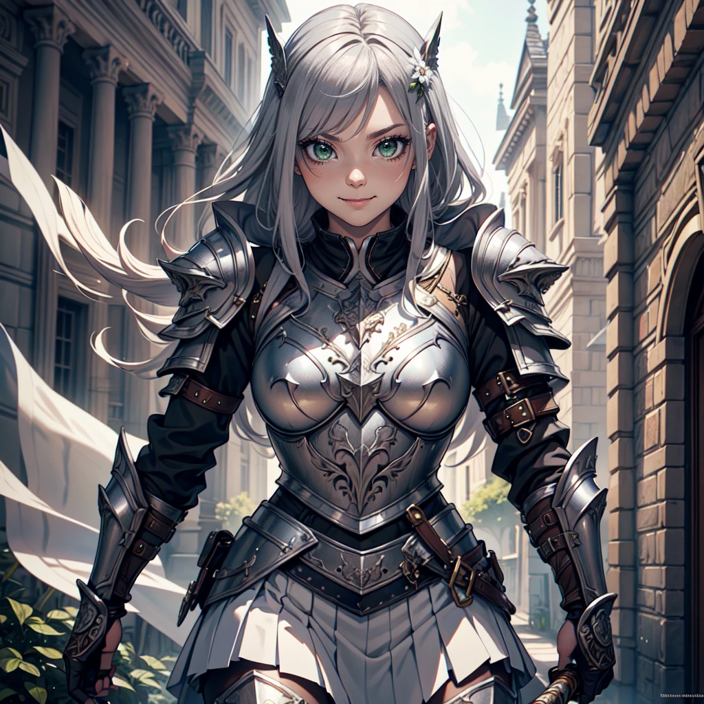Ultra High Definition,
Ultra High Quality,
Hyper Definition,
Hyper Quality,
Hyper Detailed,
Extremely Detailed,
Perfectly Detailed,
8k, Symmetric
1 girl, Heroic Pose
Long Silver Hair,
Full Body Armor, Skirt
Solid Green Eyes, Holding Sword
Cheerful Expression, White Flower Barrette
Armored With Full Plate Armor,
Mansion Background,
