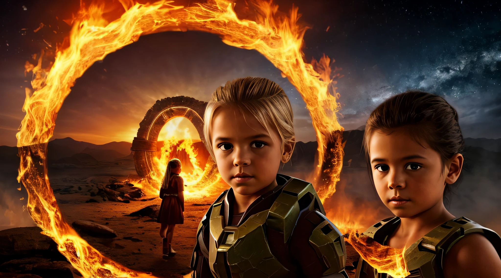 halo de fogo luminoso, there are two CHILDREN GIRLS WITH BLONDE HAIR in front of a ring of fire,