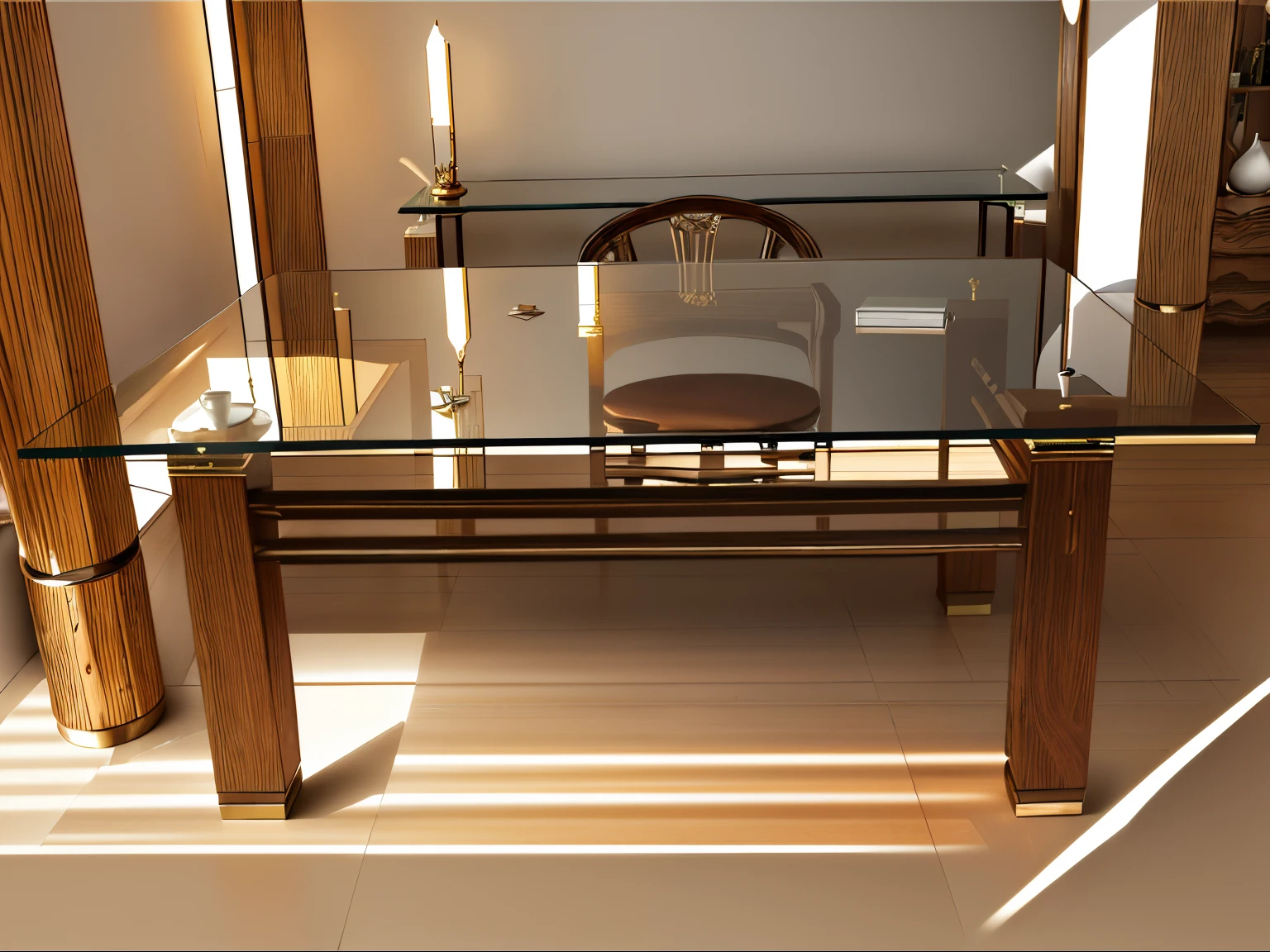 there is a glass table with a glass top and a wooden base, tables, table, teak table, wooden coffee table, wooden tables, wooden table, luxurious wooden coffee table, [ overhead view of a table ]!!, furniture design art deco, wooden furtniture, wooden furniture, mirror and glass surfaces, wood table, dining table, marble and wood and glass