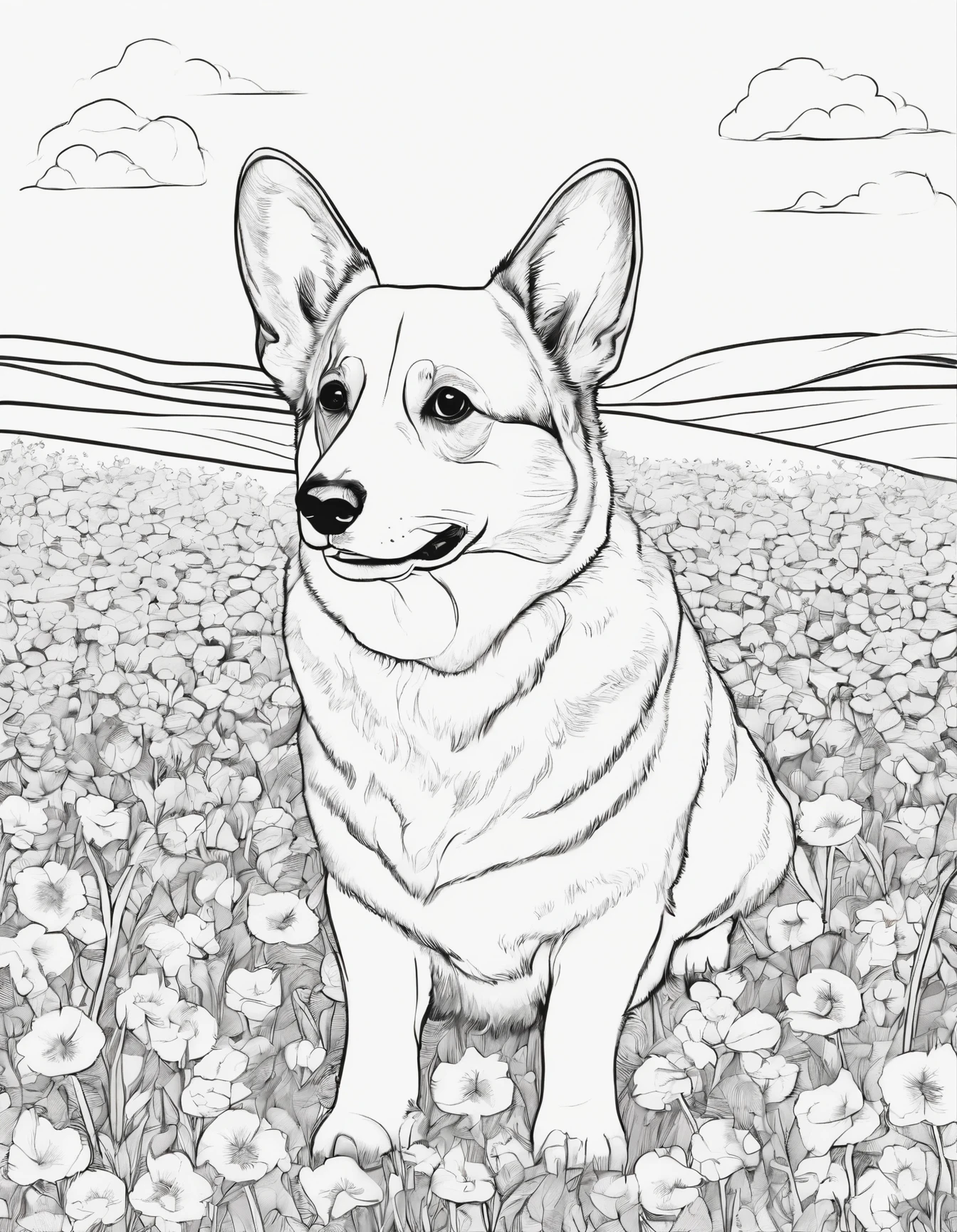 Pembroke Welsh Corgi in a flower field,line art, for coloring page, high quality, no shading,black and white