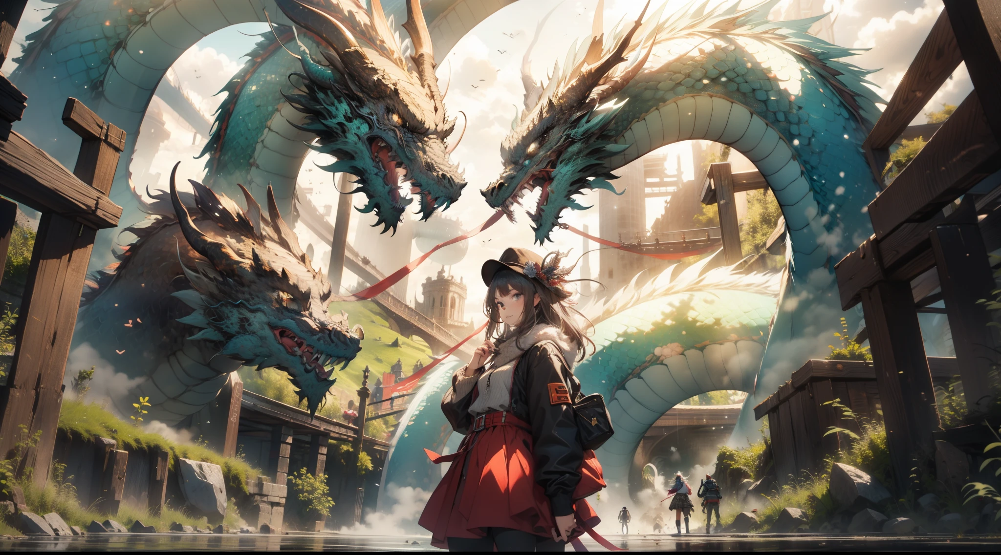 scenery, girl and dragon
