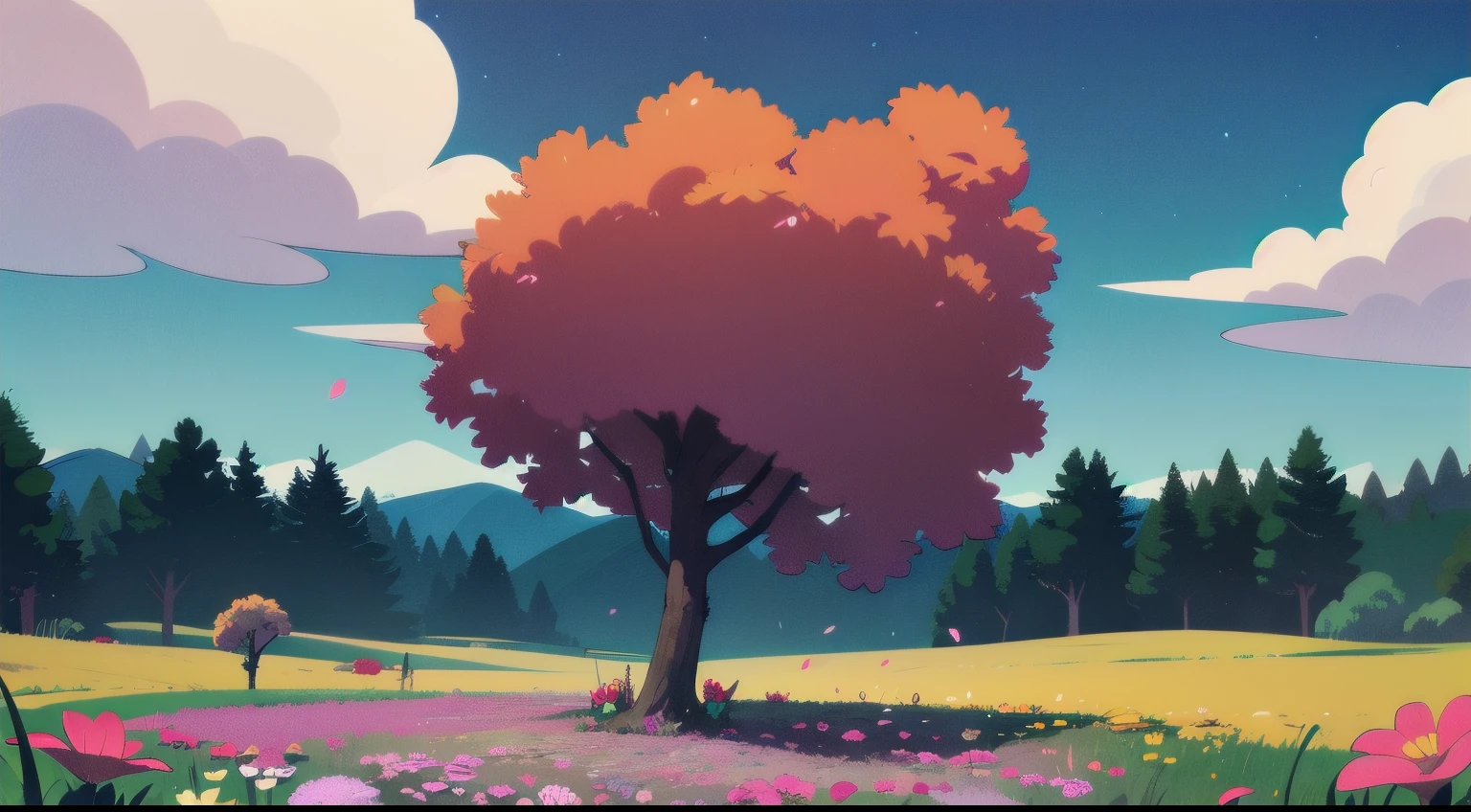 imagem de uma paisagem, apenas a paisagem com flores, Campo florido, uma garota, full body, infantil vibrante, estilo de arte, Cartoon, artistic, Paleta de cores suave, flowers of various types blown by the wind, brilho, magic photography, soft soft lighting, fundo escuro, noite, starly sky, Realistic photo, super detalhado, 4k, high resolution, super fino afiado, alta qualidade, unique, Cores bonitas, 3d renderizado,