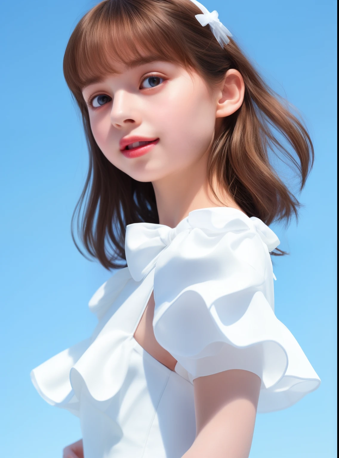 Beautiful girl, Cute, small breasts, girl, child,solo pink white Princess dress, white pantyhose )(Bow hair accessories,)bangs, white background, MEDIUM CLOSE UP,85 mm Lens, masterpiece, (extremely delicate), (best quality),ultra high res,HDR,UHD,8K,best quality,Highly detailed,sharp focus,physically-based rendering,Professional,simple blue sky background,shot on Leica M1, sporty attire, oil painted, modern, realisitc proportions, iintricate, Complicated details, Focus sharp