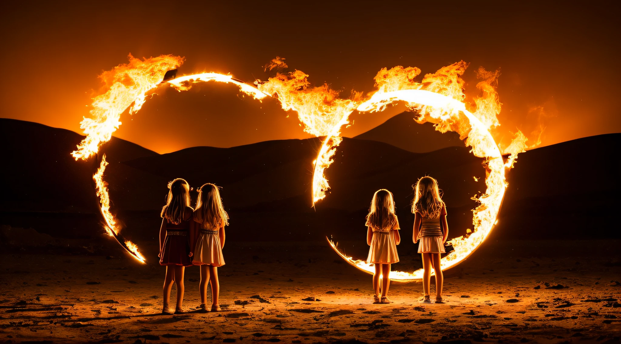 halo de fogo luminoso, there are two CHILDREN GIRLS WITH BLONDE HAIR in front of a ring of fire,
