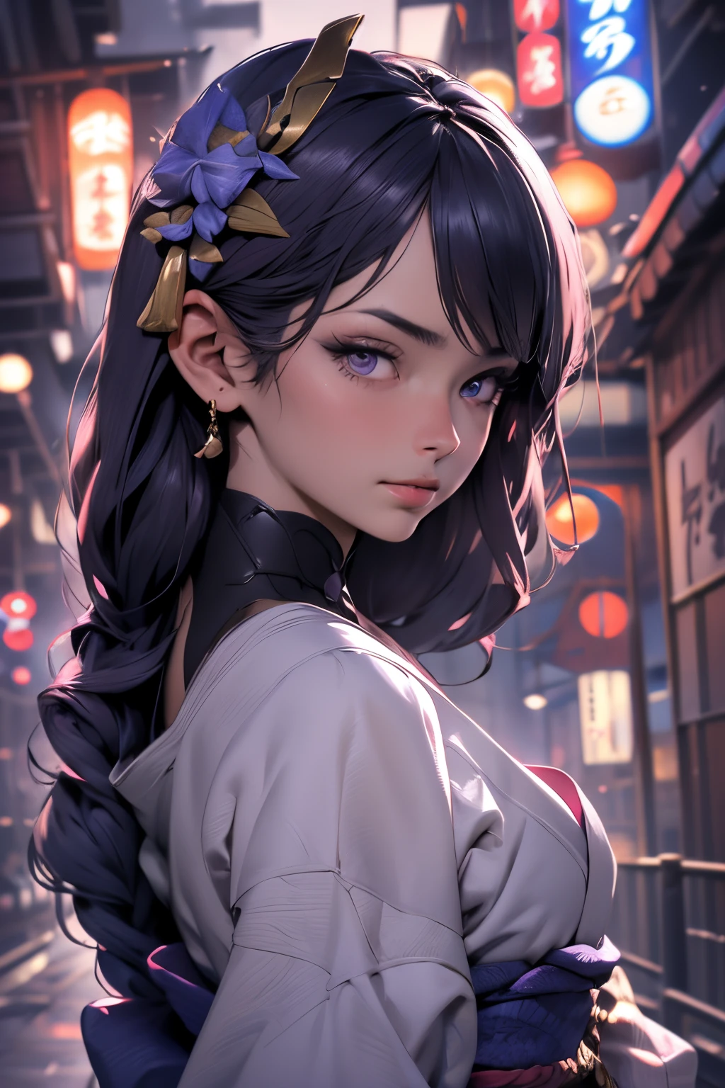 (masterpiece), (best quality), (ultra-detailed), raidenshogundef, raidenshogunrnd, Beautiful goddess, Upper body Portrait, Modern city background, Cinematic lighting, Shading, Ultra quality, Anime coloring, Midjourney, Moredetails, niji v5, Midjourney, (Detailed face and eyes, Properly drawn face, High quality eyes)