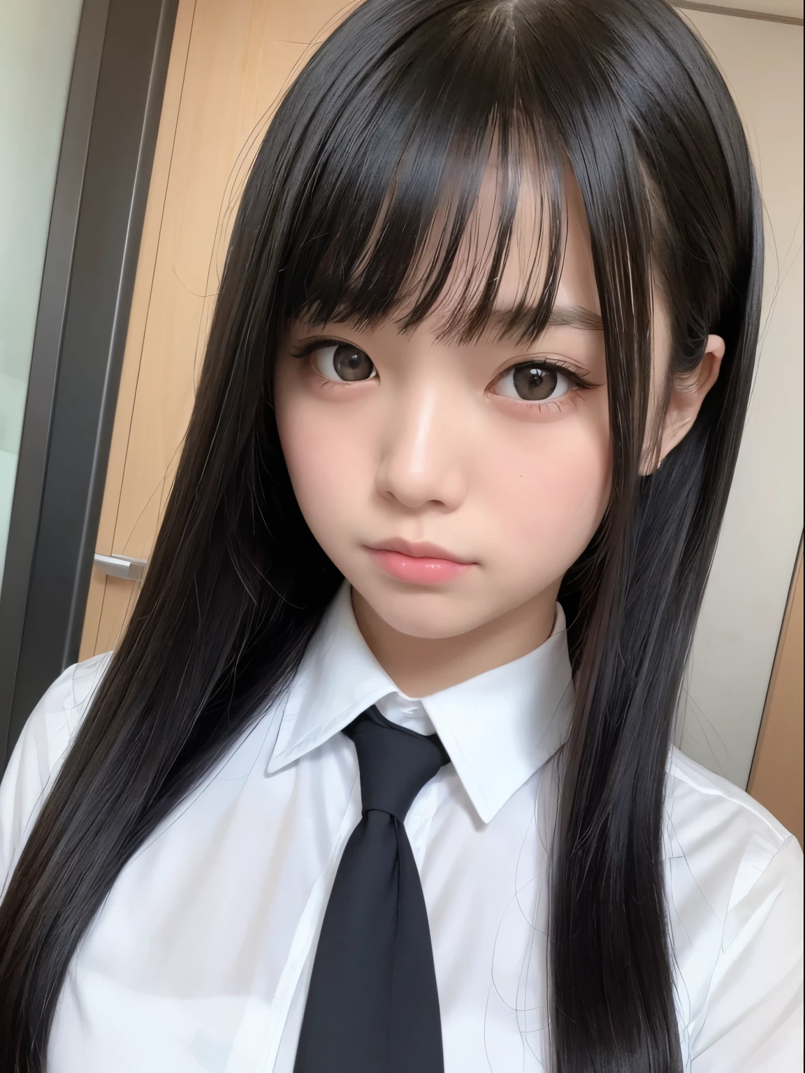 masterpiece, best quality, 1girl, solo, black hair, realistic, long hair, black eyes, school uniform, closed mouth, upper body, hime cut