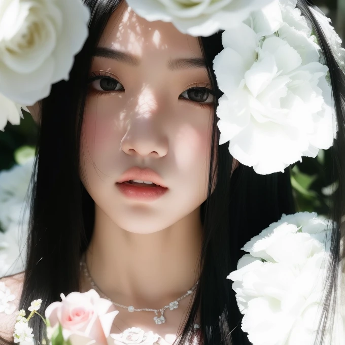 Hay una mujer con una corona de flores en la cabeza, con flores, Wenfei Ye, Blackpink Jennie, con flores congeladas a su alrededor, Gongbi, flores en su cabello oscuro, inspirado por Gao Cen, Xintong Chen, Xision Wu, Asian face, a young asian woman, Basia Tran, girl in flowers, Inspirado en Dai Xi
