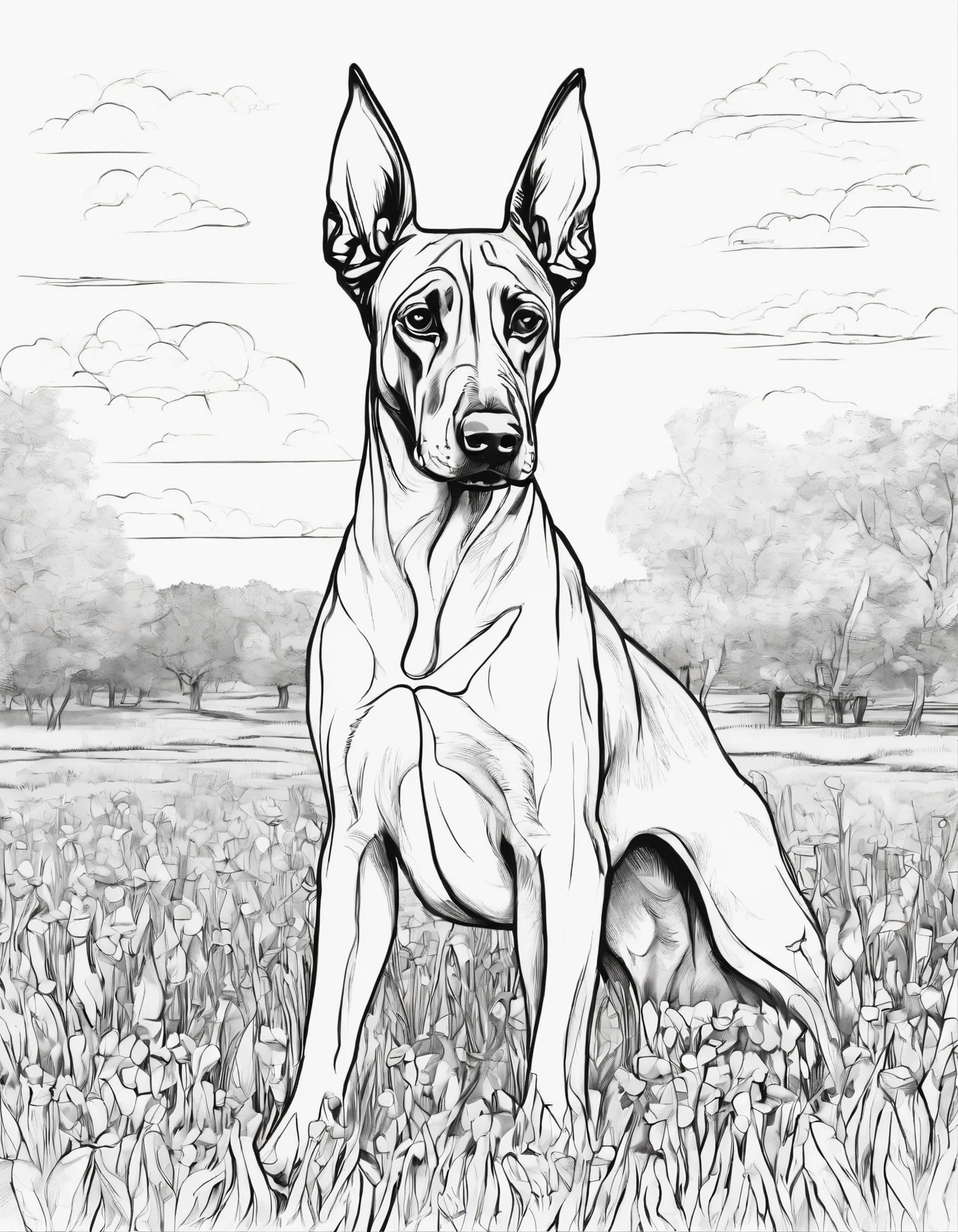Doberman pinscher in a field, for coloring page, high quality, black and white, no shading