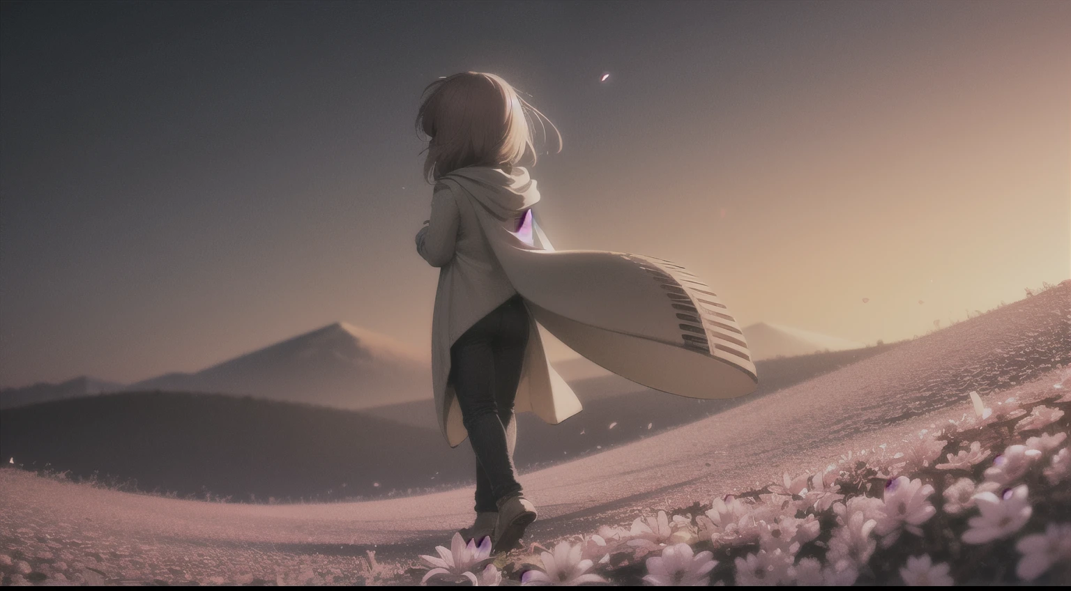 imagem de uma paisagem, apenas a paisagem com flores, Campo florido, uma garota, full body, infantil vibrante, estilo de arte, Cartoon, artistic, Paleta de cores suave, flowers of various types blown by the wind, brilho, magic photography, soft soft lighting, fundo escuro, noite, starly sky, Realistic photo, super detalhado, 4k, high resolution, super fino afiado, alta qualidade, unique, Cores bonitas, 3d renderizado,