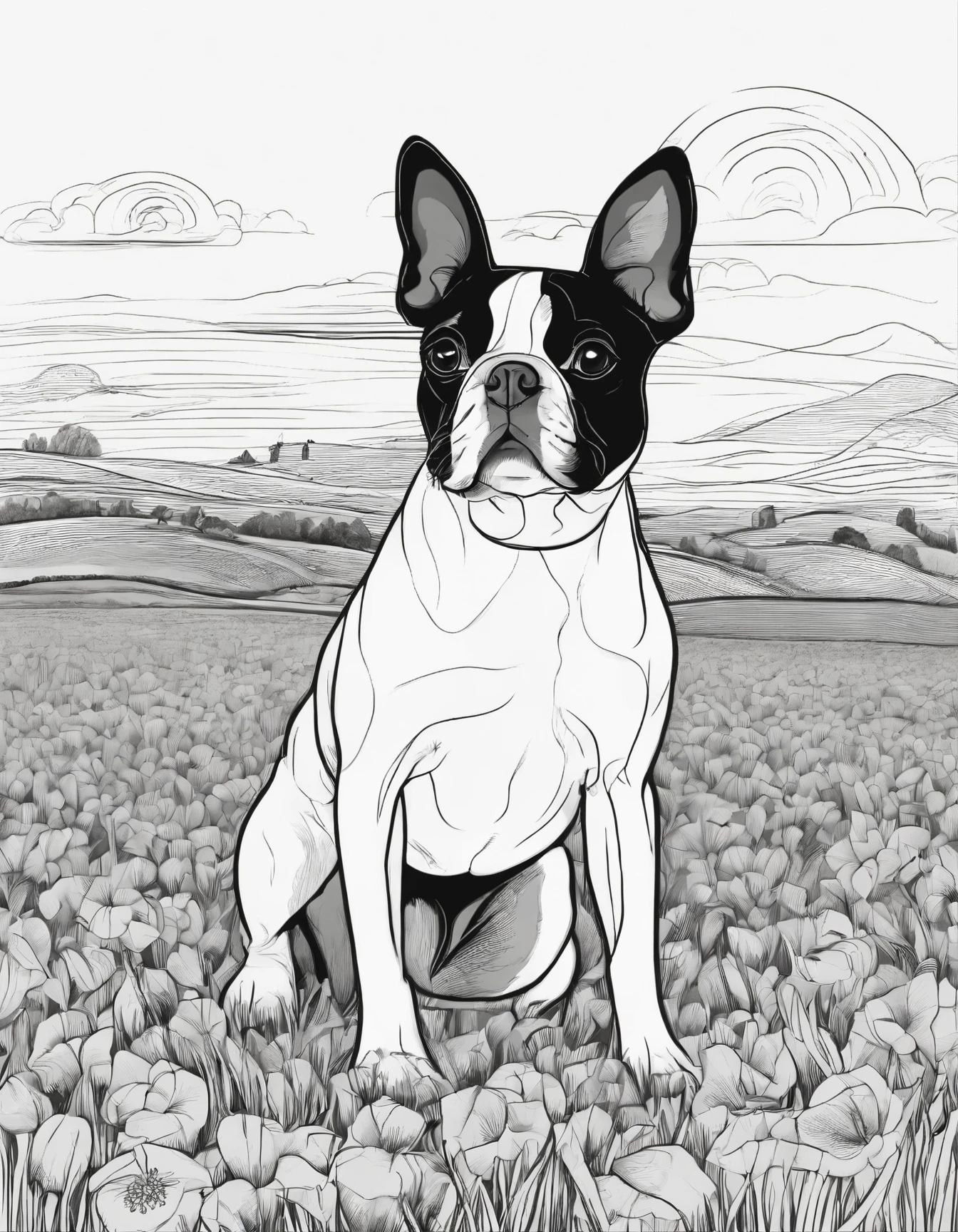 Boston terrier in a field , for coloring page, high quality, black and white, no shading