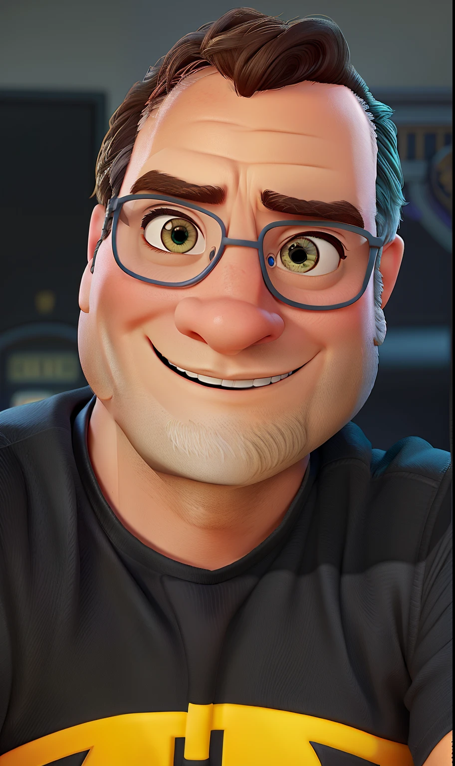 poster no estilo disney pixar  de um homem estilo disney pixar ,de fundo gotham city.