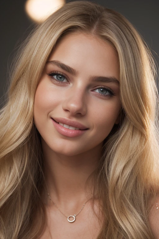 a photo portrait of a beautiful girl, (blonde long hair), , smiling , little beautiful nose,(face portrait:1.5), dramatic light , ((Adriana Lima:0.9)), ((Taylor Hill:0.9)) Rembrandt lighting scheme, (hyperrealism:1.2), (8K UHD:1.2), (photorealistic:1.2), shot with Canon EOS 5D Mark IV, detailed face, detailed hair