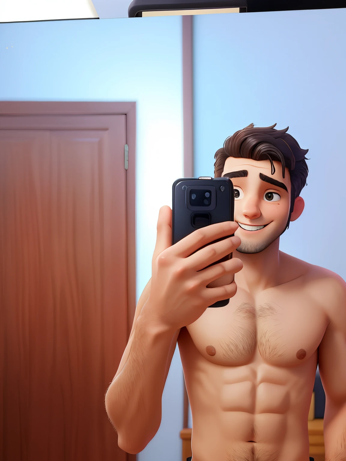 there is a man taking a picture of himself in the mirror, without beard, selfie of a man, 8k selfie photograph, selfie photography, selfie!!!!! of a man, selfie photo, very accurate photo, full body in camera, shot with premium dslr camera, shirtless, candid picture, with a happy expression, frontal pose, shot with a dslr