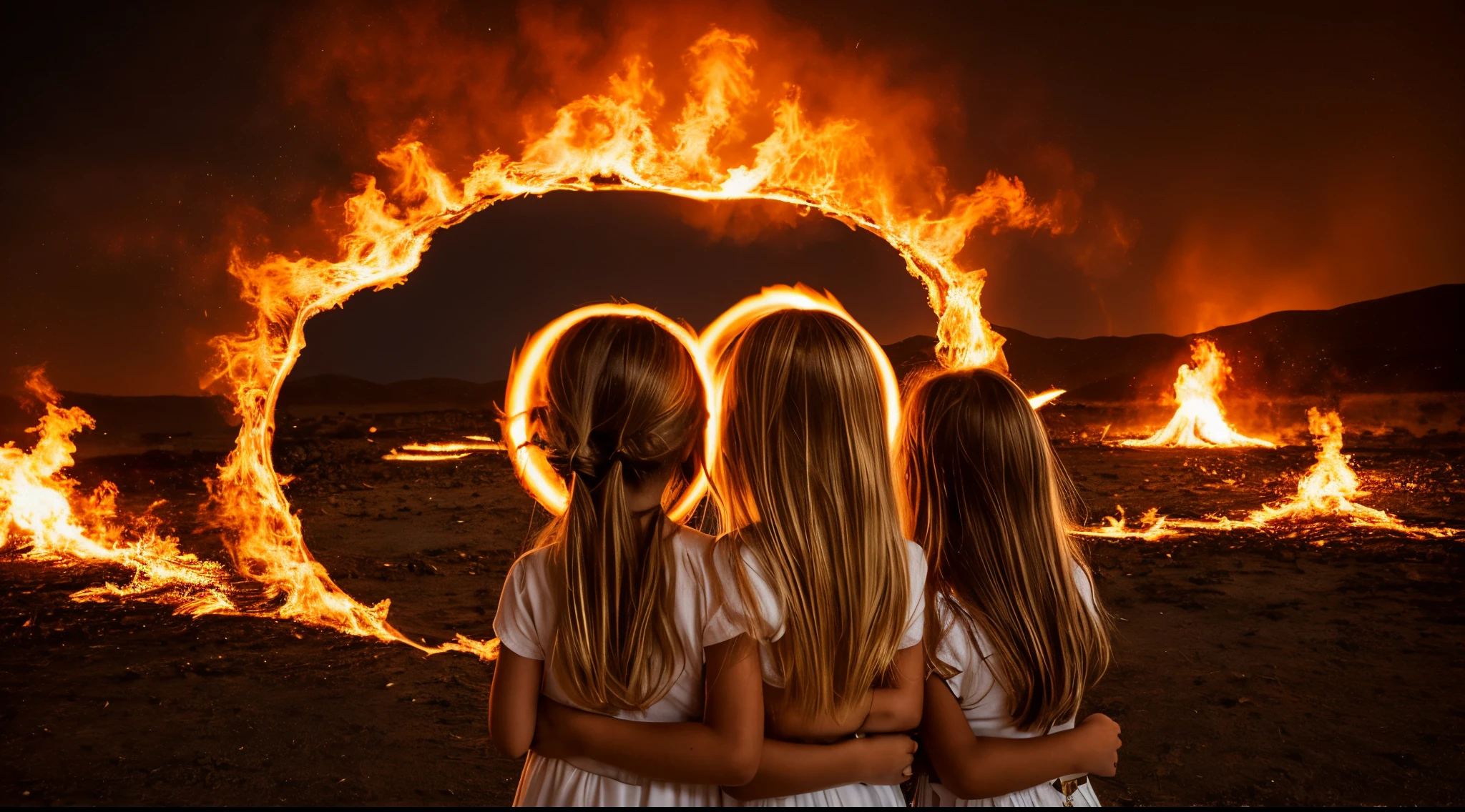 halo de fogo luminoso, there are two CHILDREN GIRLS WITH BLONDE HAIR in front of a ring of fire,