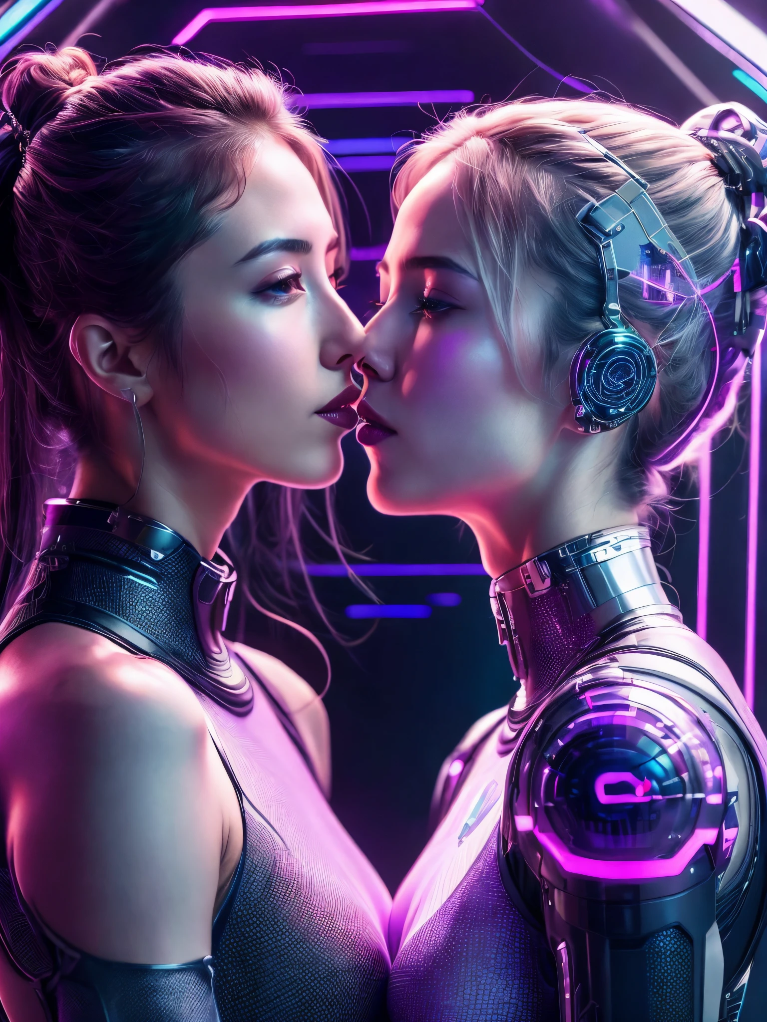 Masterpiece, Best Quality, Girls kissing , Slender, red Eyes, Hair Color, Iridescent, mech body, Long Hair Spreading, cyberpunk guns , White Skin, Medium, Cute, Sexy, Exposed Skin, Night, Psychedelic, Trip, Extreme Color, Paisley Theme, Legs, , Full Body