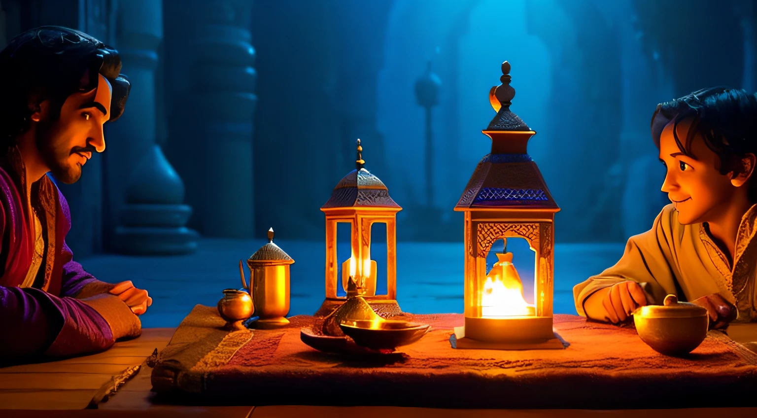 Create a composition that encapsulates Aladdin's entire journey, from discovering the lamp to deeply understanding the true essence of life. Highlight key moments that tell the inspiring story