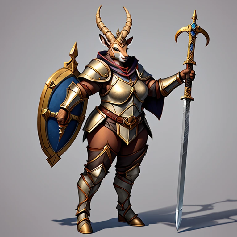 dnd, fantasy, (solo:1), (character), (gazelle:1), (curvy), (obese:0.5), (plump tall curvy paladin girl of the race of an anthropomorphic gazelle with the head of a gazelle but human body proportions, in a word, furry .pear-shaped body figure, delicate gazelle skin.she is dressed in incomplete old plate armor.she holds a sword in one hand and a shield in the other)