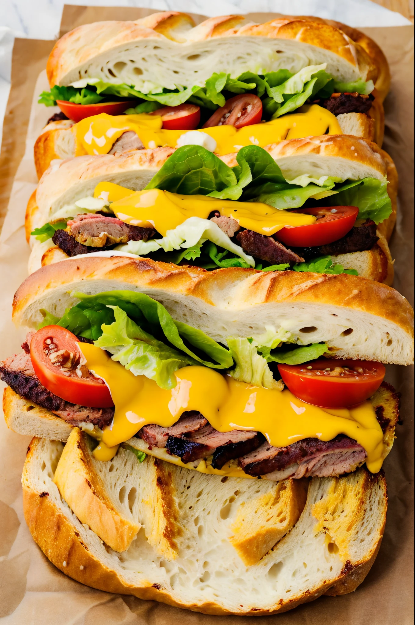 sandwich ((French bread baguette)) ((shredded meat)), cheddar cheese, barbecue and lettuce and tomato